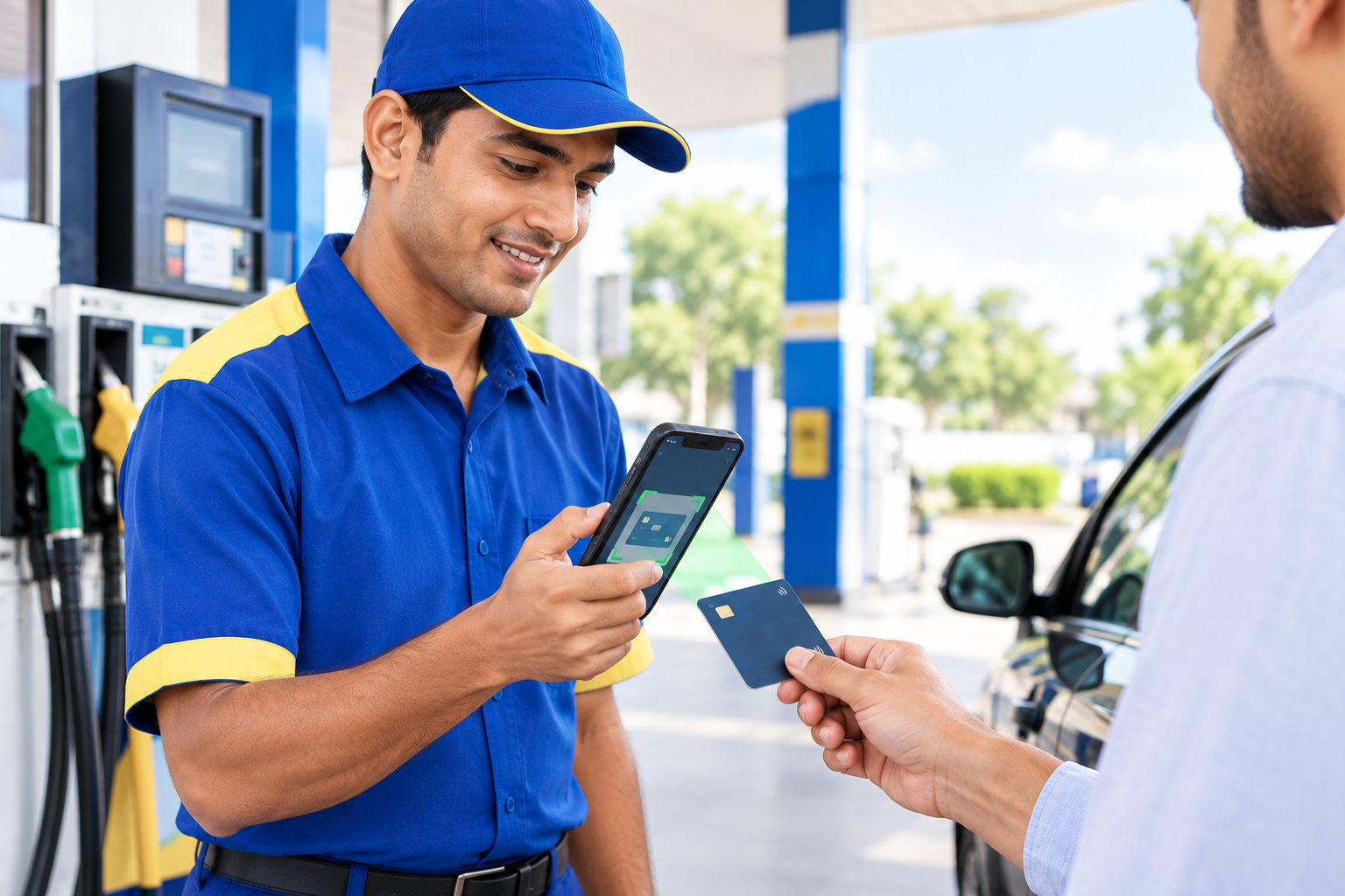 Petroleum station staff showing BrandPOS SoftPOS on a smartphone